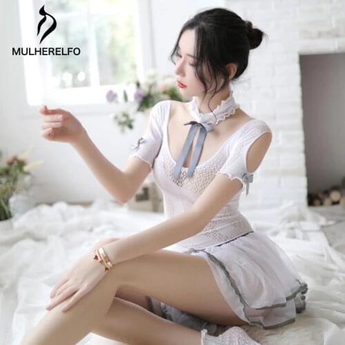 Uniform Seduction Lady Cosplay Pajama Set Expose Perspective Sexy Lingerie Women White Pajamas Nuisette Femme Seksi Gecelik
