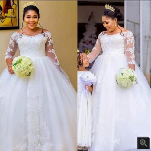 Vestido De Festa 2022 white tulle ball gown wedding dress three quarter sleeve lace appliques beaded black girls bridal gowns