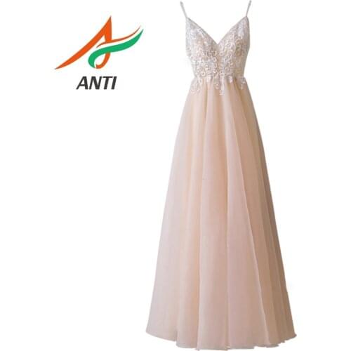 ANTI Sexy Evening Dresses 2019 V-Neck Spaghetti Strap A-Line Long Robe De Soiree Sleeveless Vestido De Festa Tulle Party Gowns