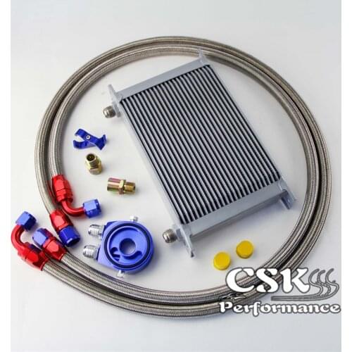 25 Row 248mm AN10 Universal Engine Transmission Oil Cooler British Type + Aluminum Filter Hose End Kit Blue