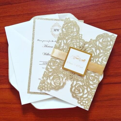 50pc Champagne Glittery Laser Cut Wedding Party Invitation with Gold Ribbon and Tag Personalized Print Quinceanera Invites