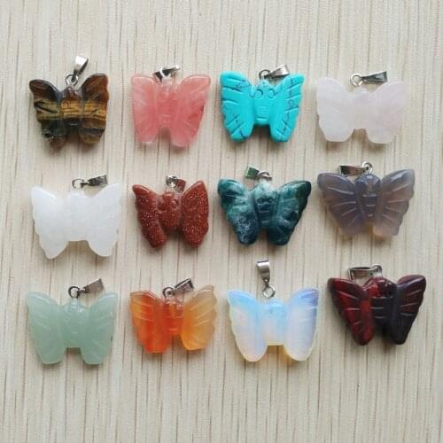 Free shipping Wholesale 12pcs/lot fashion Assorted natural stone mixed butterfly charms pendants for Necklace making free