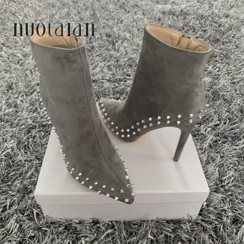 2020 Winter Fashion Women Boots Pointed Toe rivet Ankle Boots 10cm/8cmCM Heel High Heels Shoes Woman Autumn Female Socks Boots