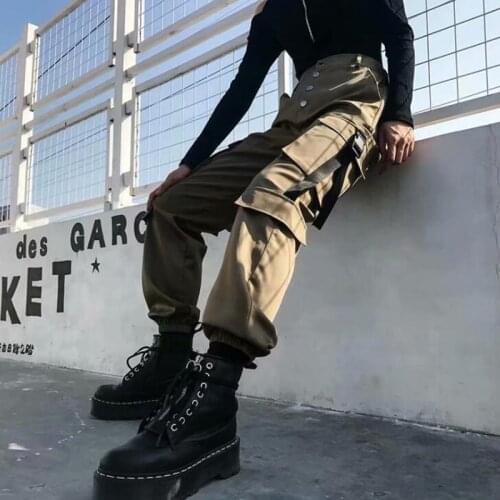 Army Green Cargo Pants Woman High Waist Pant Big Pockets Punk Joggers Fashion Girls 2020 Spring Autumn Casual Satin Pants