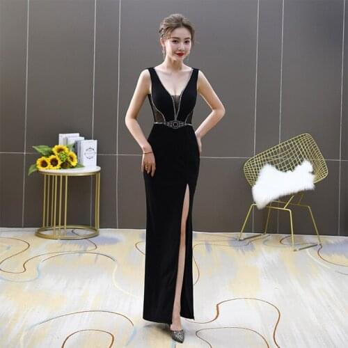 Evening Dress Black V-Neck Empire Mermaid Sexy Simple Sleeveless Pleat Floor-length Plus size Women Formal Party Dresses C1261