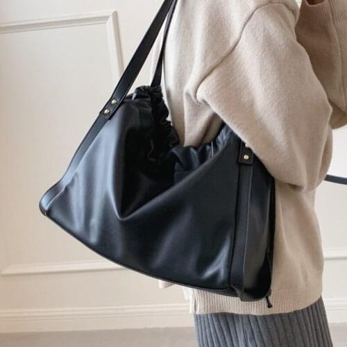 Black Hobos Women Shoulder Bags Big Casual Female Tote Bag Large Soft Leather Handbag Ladies Solid Color Drawstring Shopper Bag
