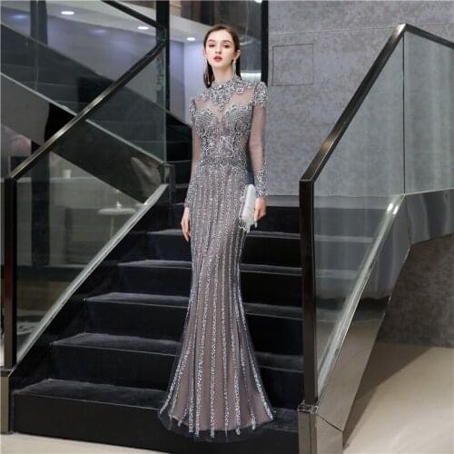 Elegant High Neck Mermaid Crystal Prom Dresses Evening Party Gowns Slim Fitted Bling Bling Muslim Turkey Special Occasion Dress