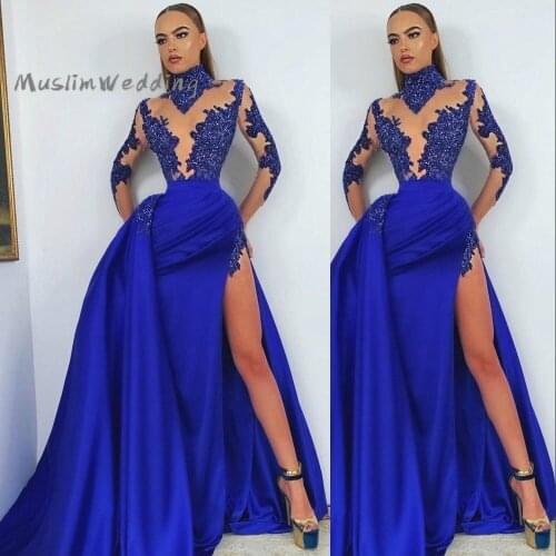 Elegant Royal Blue High Slit Evening Dresses 2020 See Through Top Lace Prom Dress Vintage Long Sleeve Taffeta Night Party Dress