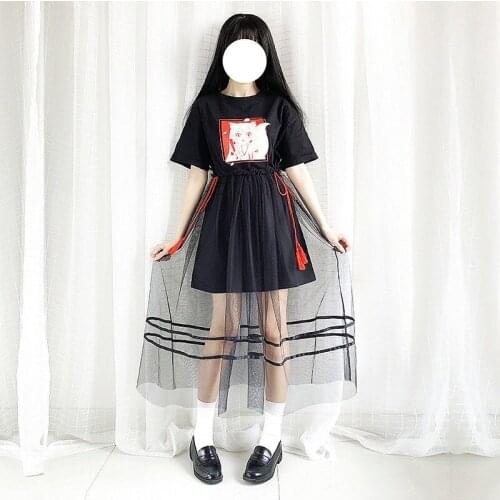 Lolita suit Summer autumn Womens clothing Anime kawaii Short sleeve Gauze Women Girls T-shirt harajuku Japanese Black Top skirt