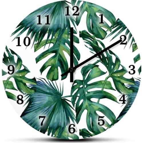Tropical Leaves Palms Minimalist Wall Clock Botanical Green Artwork Home Décor Monstera Jungle Leaf Silent Quartz Wall Clock