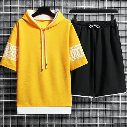 Men Short Sleeved Sets 2021 Summer New Mens Harajuku Hooded T-shirt + Shorts Casual Fashion Printing 2 Piece Suit Mens Clothing