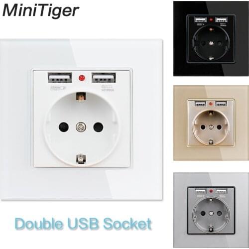 Minitiger White Crystal Glass Panel Dual USB Charging Port 2.1A 16A Russia Spain USB Wall Socket EU Power Outlet