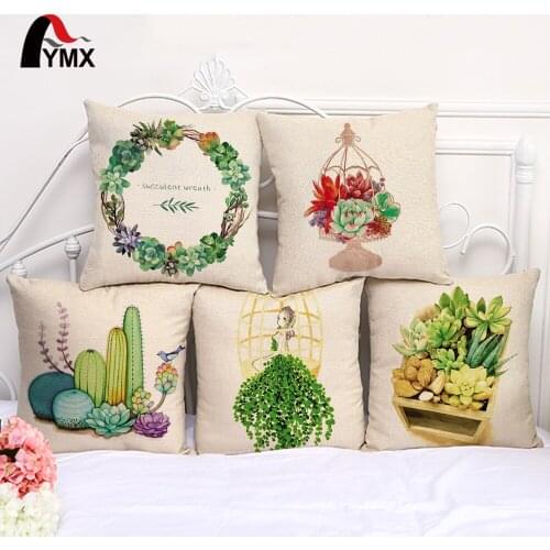 45X45 CM Cute and More Meat Plant Hand-Painted Cotton and Linen Sofa Cushion Cover Bedroom Decoration Pillowcase
