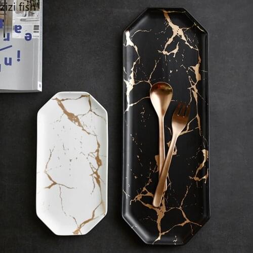 Nordic Style Marbled Rectangular Ceramic Plate Irregular Western Dinner Plate Sushi Dessert Plate Household Tray Kitchen Utensil