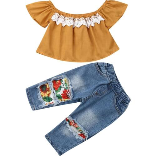 New Toddler Kids New born Baby Girl Clothes Off Shoulder Lace Shirt Tops+Sunflowers Hole Denim Pants Outfits 1-5Y 2PCS