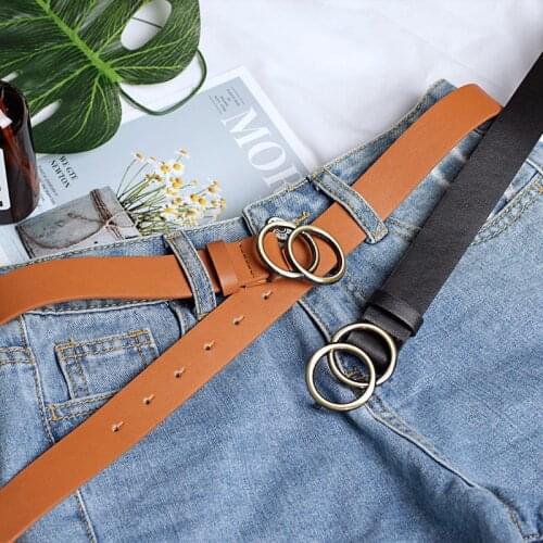 New Women Anitque Brass Big Double Ring Circle Buckle Belt Waistband Vintage Classica Female Leather Straps Belts for Jeans