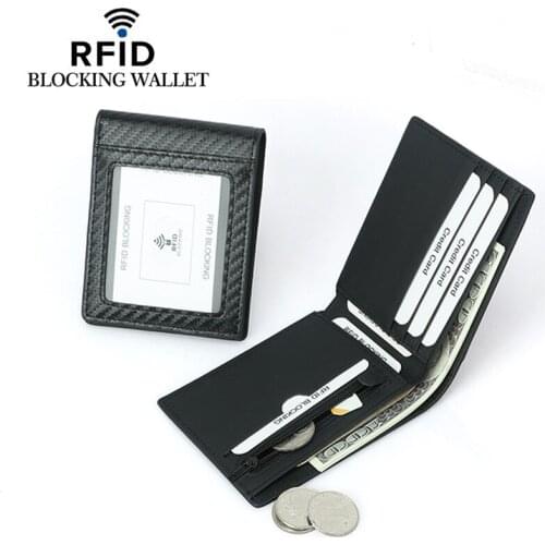 New Carbon Fiber Slim Wallet with ID Window RFID Blocking Minimalist Bifold Wallet for Men PU Leather Front Pocket Card Holder
