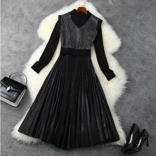 2020 autumn and winter womens new shiny hot diamond knitted vest + waist pleated dress two-piece suit