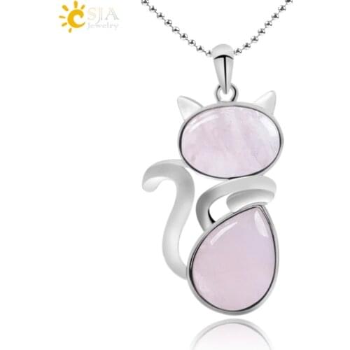 CSJA Reiki Natural Stone Necklaces Pink Quartz Pendants for Women Girl Cute Cat Shape Rock Black Onyx Beads Chain Jewelry F066