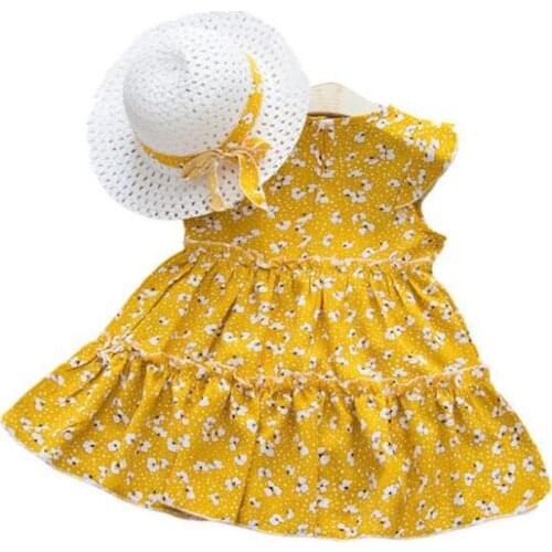 Girls dress summer cartoon pattern girls dress fashion send straw hat childrens clothing cotton and linen skirt 3 4 5 6Y