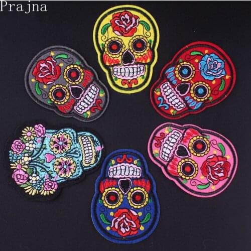 Prajna Flower Sugar Skull Patch Iron On Patches Cheap Embroidered Patches For Clothes Stripes Punk Applique Biker Hippie Sticker