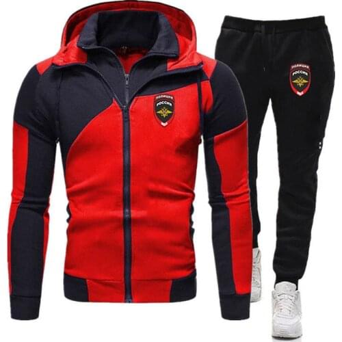 NewSpring2021Men Russian The Police Letter Print2 PiecesFitness Tracksuit Hooded Sweatshirt+pants Pullover Hoodie Sportwear Suit