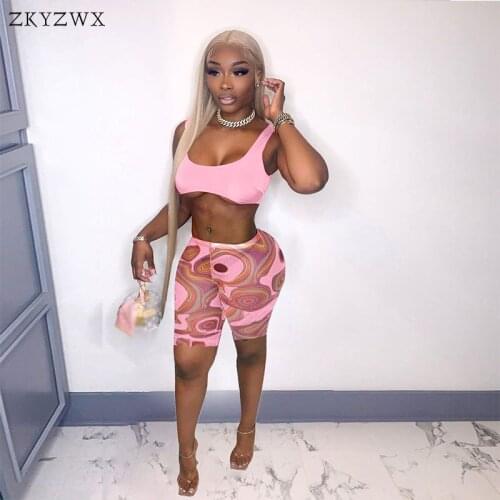 ZKYZWX Print Two Piece Tracksuits Outfits Sexy Backless Crop Top Biker Shorts Summer Women Fashion Streetwear Club Matching Sets