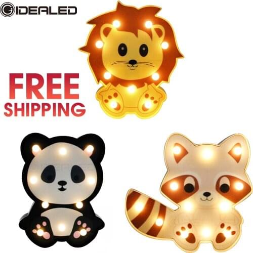 Cute Animal LED Night Lights 3D Warm White Panda Lion Raccoon Shape Bedside Table Lamp For Kids Toy Childrens Day Gift