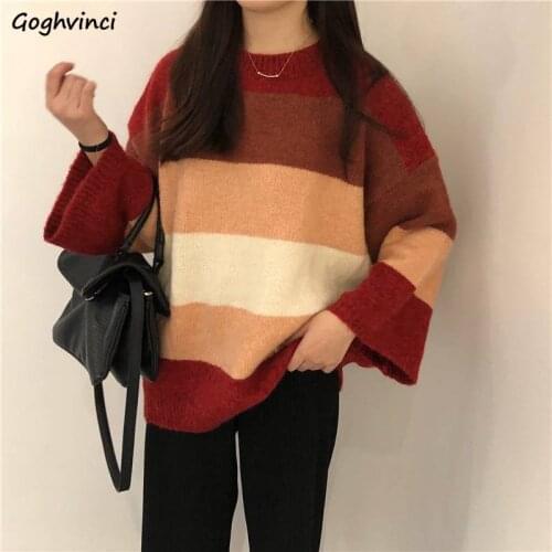 Women Pullovers Patchwork Winter Thickening Sweater O-neck Wide Sleeve Casual Loose Elegant Student Korean Style Fashion Ulzzang