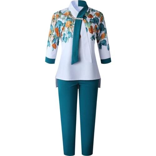 2 Piece Set Women Slim Solid Pants And 3/4 Sleeve Stand Collar Split Top 2021 Fashion Print Irregular Office Lady Suit Outfits