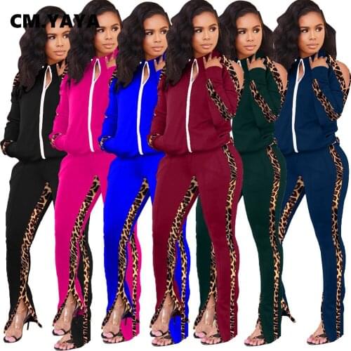 CM.YAYA Leopard Patchwork Women Cut Out Shouder Track Tops Flare Slit Pants Set Active Tracksuit Two Piece Set Fitness Outfits