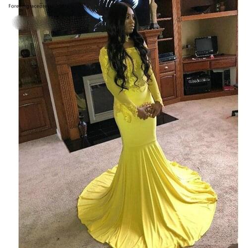 African Yellow Prom Dresses Mermaid Lace Long Sleeves Party Gowns Girls Wear Tailor Made Plus Size Available