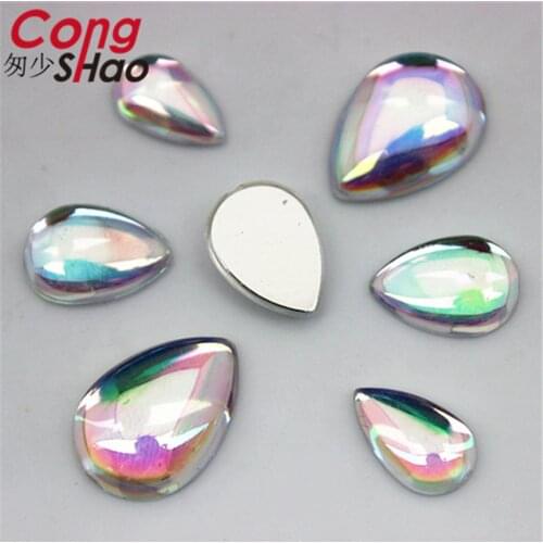Cong Shao 100Pcs 3 Size AB Clear flatback Acrylic Drop Rhinestone trim stones and crystals DIY Wedding Dress Button CS237