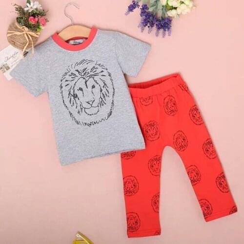 Childrens wear summer new boy suit short-sleeved gray lion T-shirt top + orange pants two childrens suit k1