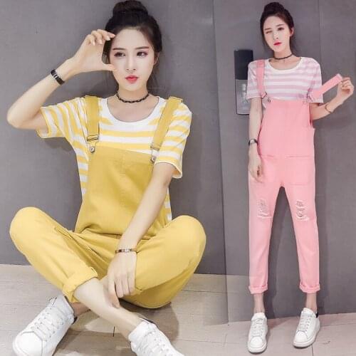 2019 Spring and Summer Korean Atyle Pregnant Women Denim Overalls Pink/yellow Maternity Fashion Cotton Rompers with Pockets