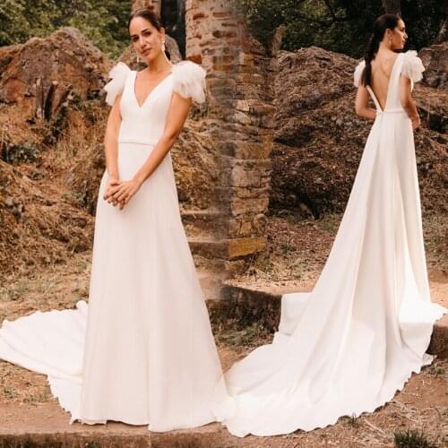 Elegant Short Sleeve Wedding Dresses 2021 V Neck Satin A Line White/ Ivory Bridal Gowns France Formal Skirts