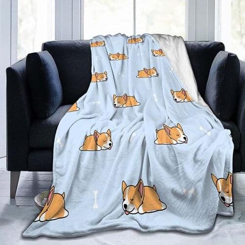 Flannel Blanket Cartoon Sleep Corgi Cute Blue Plush Warm Bed Blanket Soft Throw Blanket Fits Couch Sofa Pet Blanket Lazy Blanket