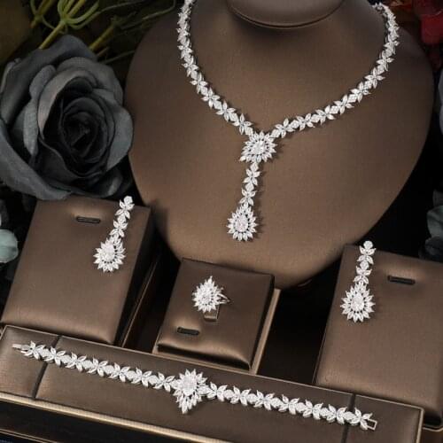 Janekelly 4pcs Bridal Zirconia Full Jewelry Sets For Women Party, Luxury Dubai Nigeria CZ Crystal Wedding Jewelry Sets