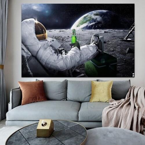 Beers Outer Space Earth Astronaut Moon Poster Modern Canvas Painting on Wall Art Picture For Living Room Home Decor Cuadros