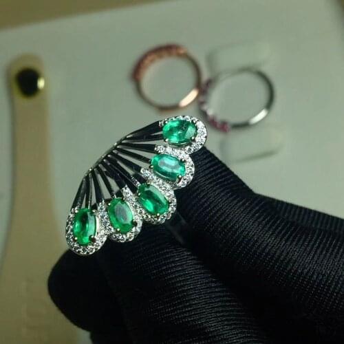 Natural emerald ring Free shipping 925 sterling silver 3*5mm 5pcs gemstone Fine jewelry