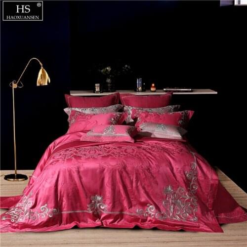 Gold Paisley Bedding Sets Rose Red Jacquard Embroidery 4/7Pcs Cotton Bedspread Bed Sheets Pillowcase Duvet Cover Cushion Cover