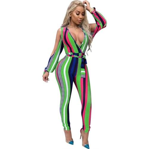 Fashion Colorful Striped Jumpsuit Romper Women Sexy Deep V Neck Split Long Sleeve Skinny Bodycon Jumpsuit Party Overalls slashes