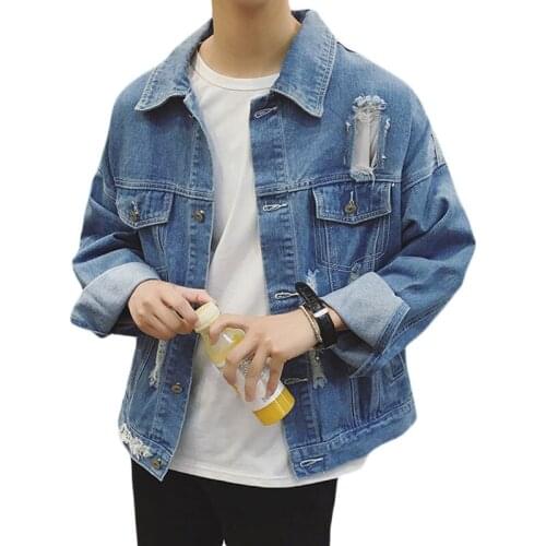 New men denim jacket retro hole male jacket coat casual boys long sleeve bomber jacket turn-down collar mens jackets coats loose