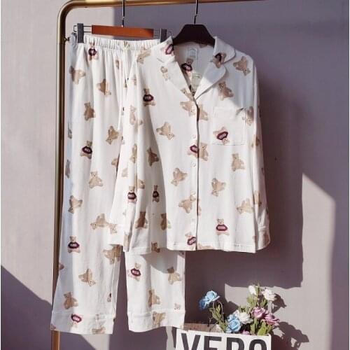 New spring and summer long-sleeved trousers couple pajamas suit, comfortable cotton cardigan lapel loose home wear
