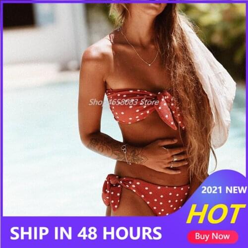 Popular Sexy Women Strapless bandage Bandeau Push Up dot printed Bikini Set lace up female summer Swimwear swimsuit beachwear