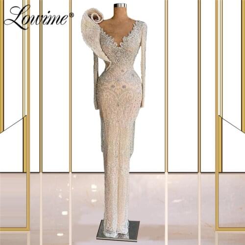 Lowime Dubai Luxury Beaded Formal Long Evening Dresses For Women 2021 Crystals Full Sleeves Mermaid Sparkly Formal Party Gowns