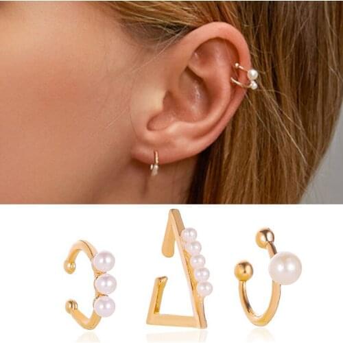 3 PCS Open Geometric Circle Sweet Cute Ear Cuff Non Pierced Clip Earring Trendy Simple Small Gold Color Simulated Pearl Earrings