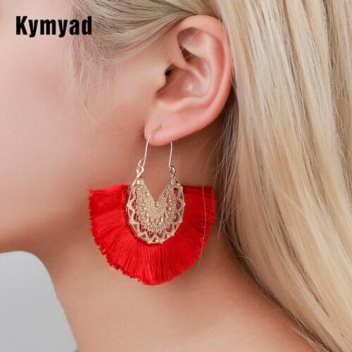 Kymyad Ethnic Style New Tassel Earrings For Women Fan-Shaped Lace Pattern Earings Fashion Boho Jewelry Gold Color Hoop Earing