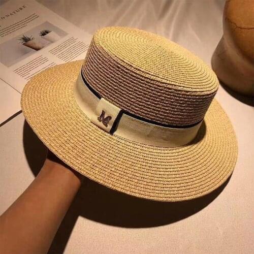 Summer Straw Boater Hat M Letter Flat Brim Elegant Ladies Spring Stylish Women Vocation Beach Sunhat