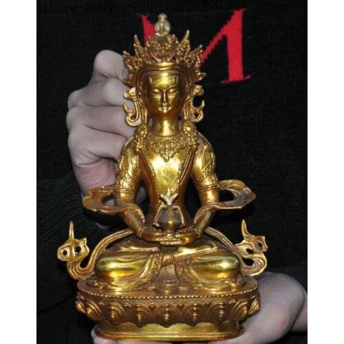 Old Tibet bronze Gilt Amitayus Long Life longevity God Goddess Seat Lotus Statue